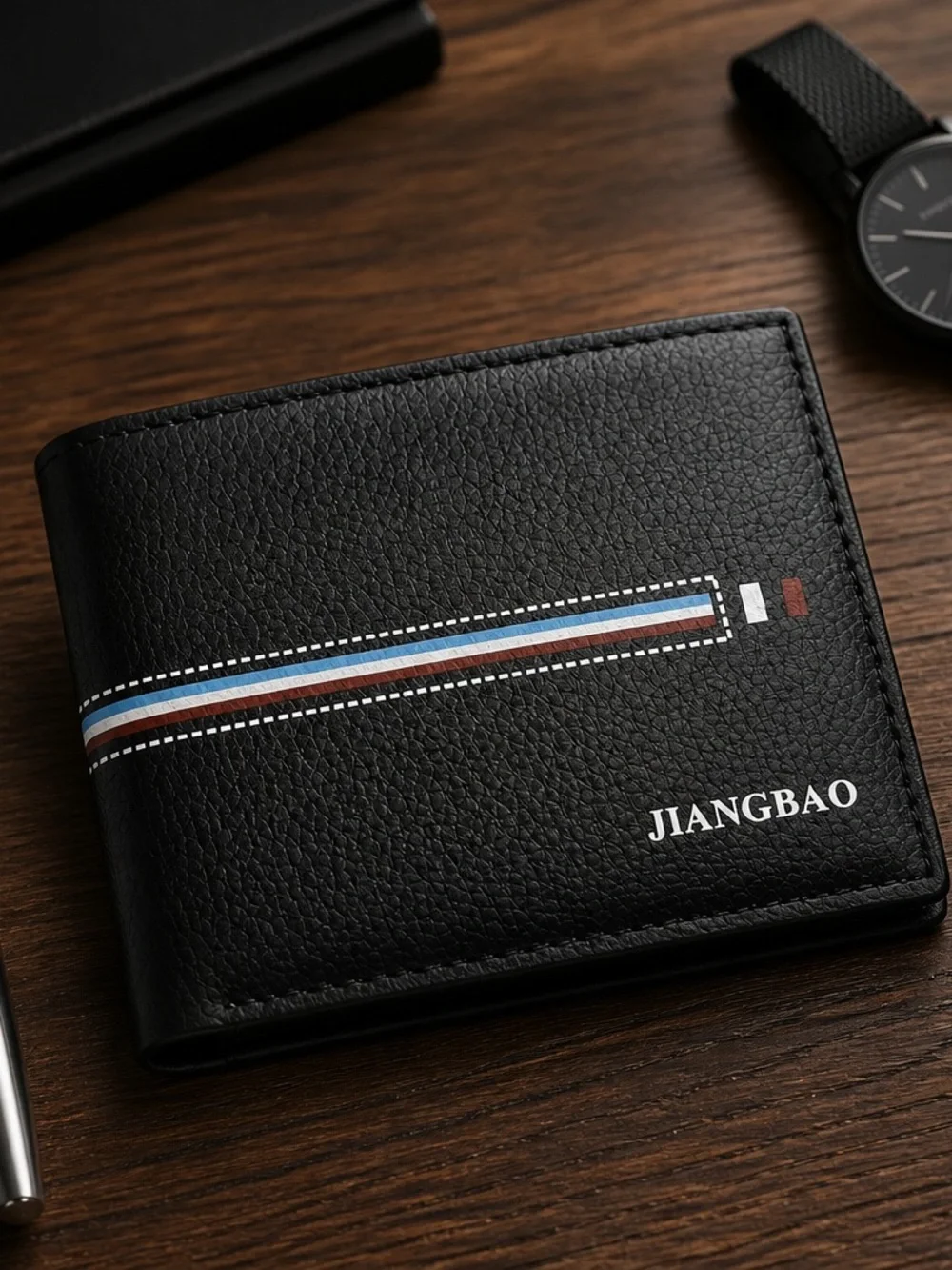 Black Leather Men's Bifold Wallet with Stripe Accent NWT